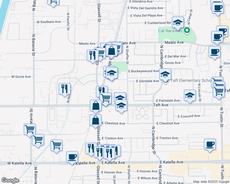 map of restaurants, bars, coffee shops, grocery stores, and more near 304 East Briardale Avenue in Orange