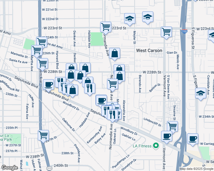 map of restaurants, bars, coffee shops, grocery stores, and more near 1301 Storm Parkway in Torrance