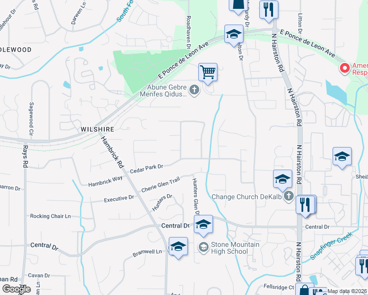 map of restaurants, bars, coffee shops, grocery stores, and more near 1281 Ginger Wood Drive in Stone Mountain