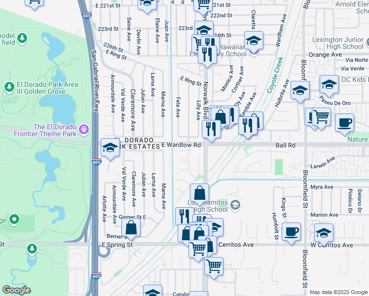 map of restaurants, bars, coffee shops, grocery stores, and more near 8041 East Rosina Street in Long Beach
