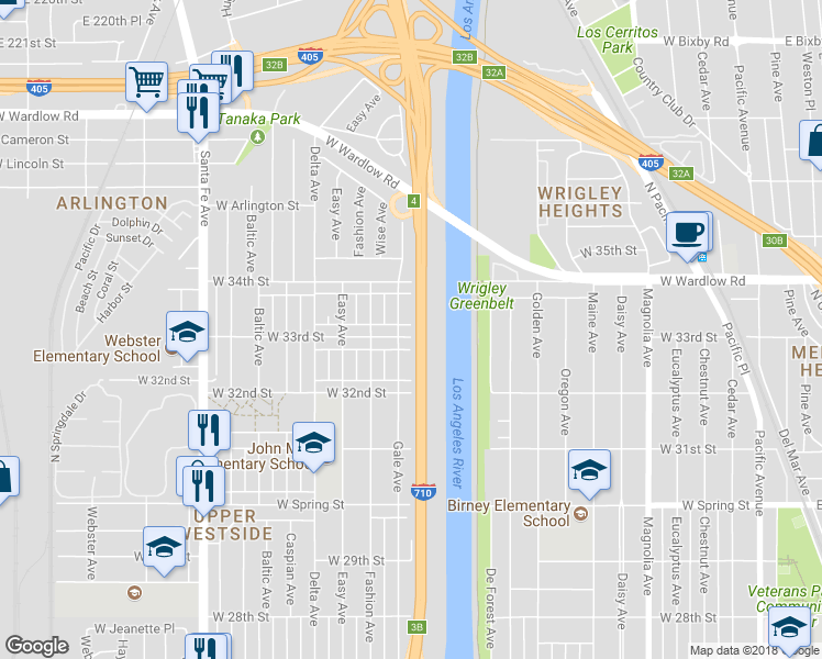 map of restaurants, bars, coffee shops, grocery stores, and more near 1223 West 33rd Street in Long Beach