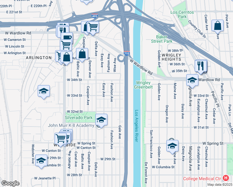 map of restaurants, bars, coffee shops, grocery stores, and more near 3323 Fashion Avenue in Long Beach