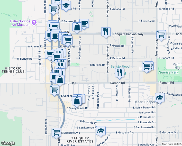 map of restaurants, bars, coffee shops, grocery stores, and more near 421 Village Square West in Palm Springs
