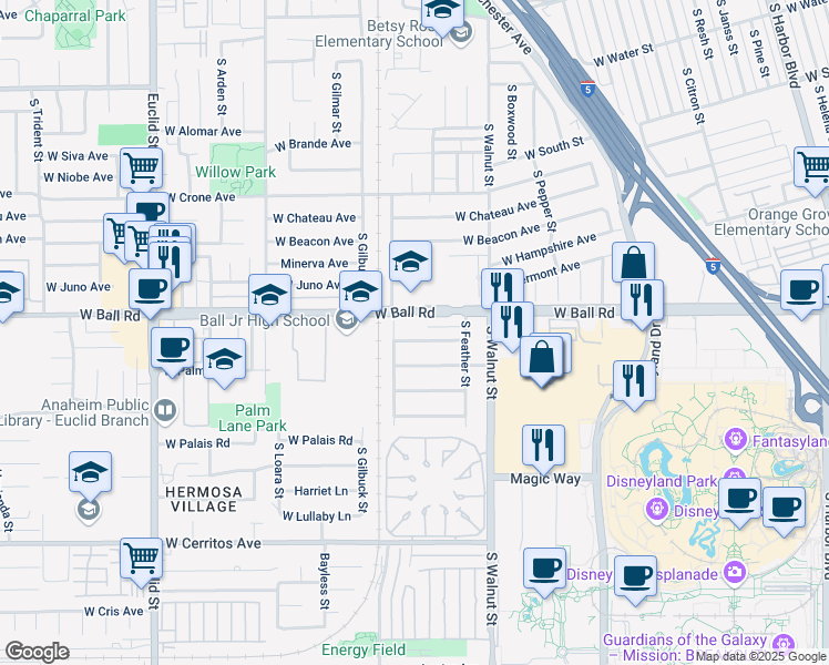 map of restaurants, bars, coffee shops, grocery stores, and more near 1417 Colonial Avenue in Anaheim