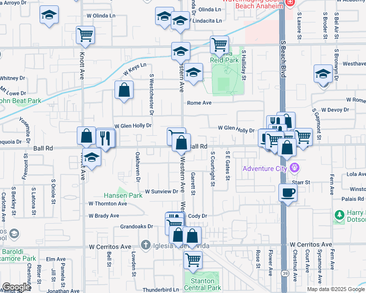 map of restaurants, bars, coffee shops, grocery stores, and more near West Ball Road & South Western Avenue in Anaheim