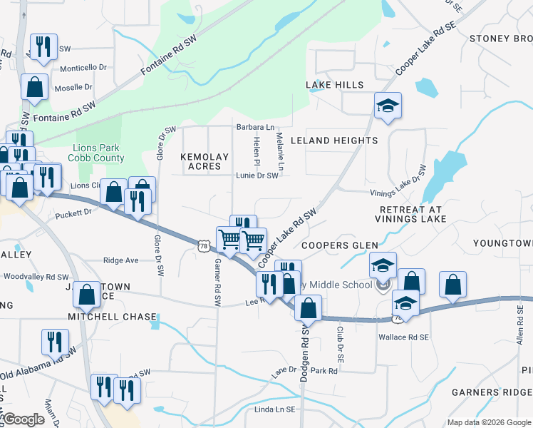 map of restaurants, bars, coffee shops, grocery stores, and more near 228 Spring Lane in Mableton