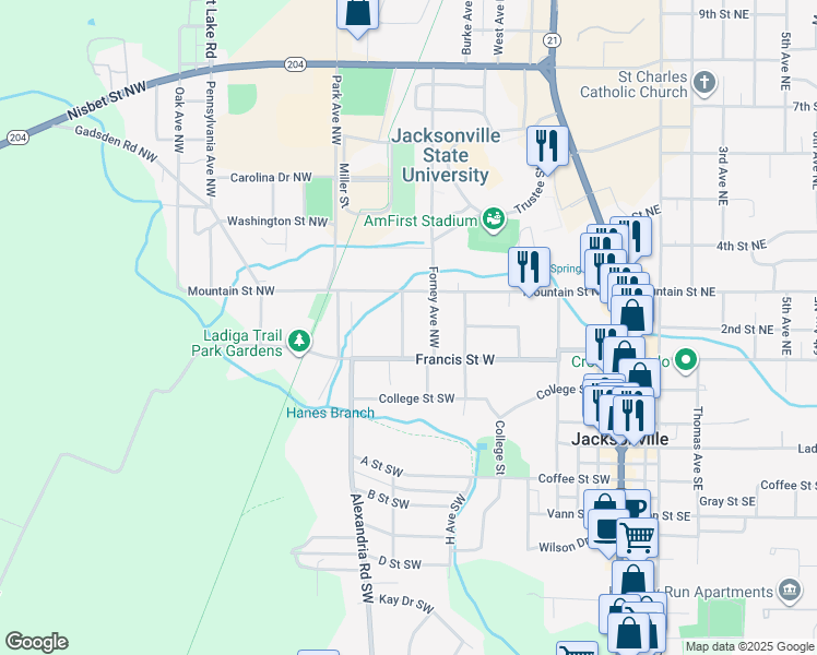 map of restaurants, bars, coffee shops, grocery stores, and more near 405 Madison Avenue Northwest in Jacksonville