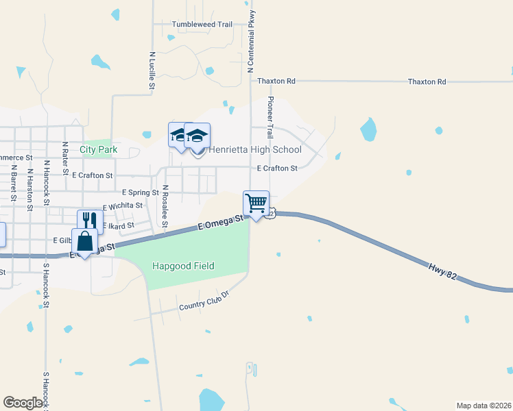 map of restaurants, bars, coffee shops, grocery stores, and more near 1289 U.S. 82 in Henrietta