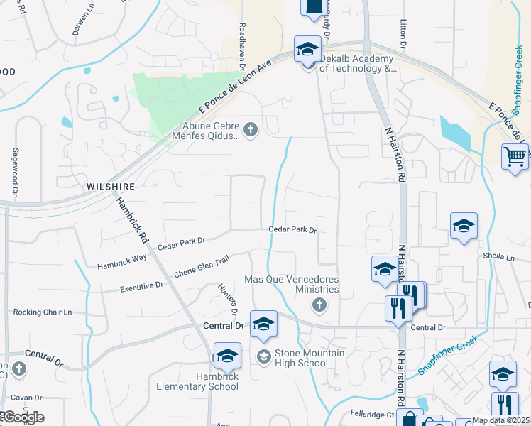 map of restaurants, bars, coffee shops, grocery stores, and more near 1283 Cedar Heights Drive in Stone Mountain