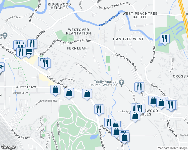 map of restaurants, bars, coffee shops, grocery stores, and more near 1477 Liberty Parkway Northwest in Atlanta