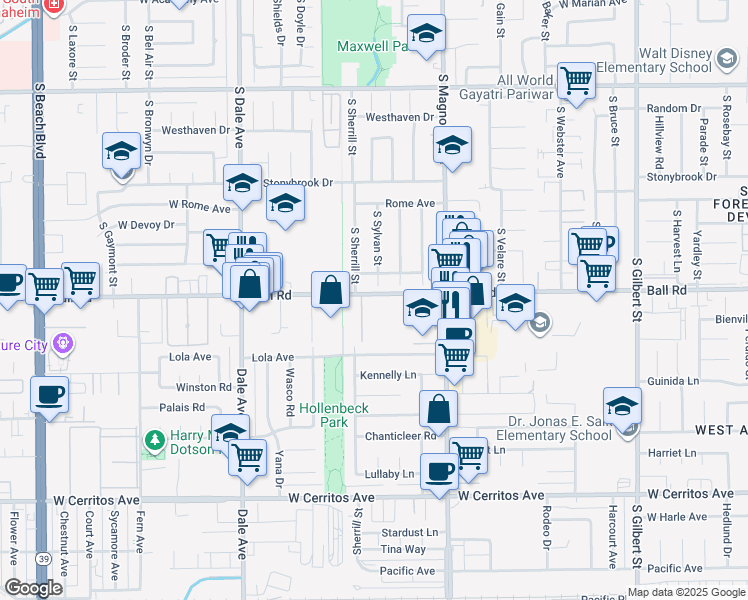 map of restaurants, bars, coffee shops, grocery stores, and more near 2660 West Ball Road in Anaheim