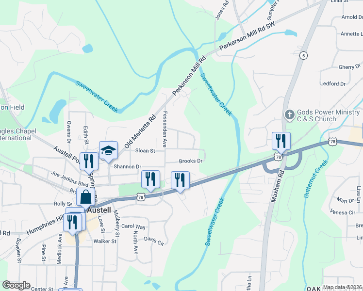 map of restaurants, bars, coffee shops, grocery stores, and more near 2504 Morningside Drive in Austell