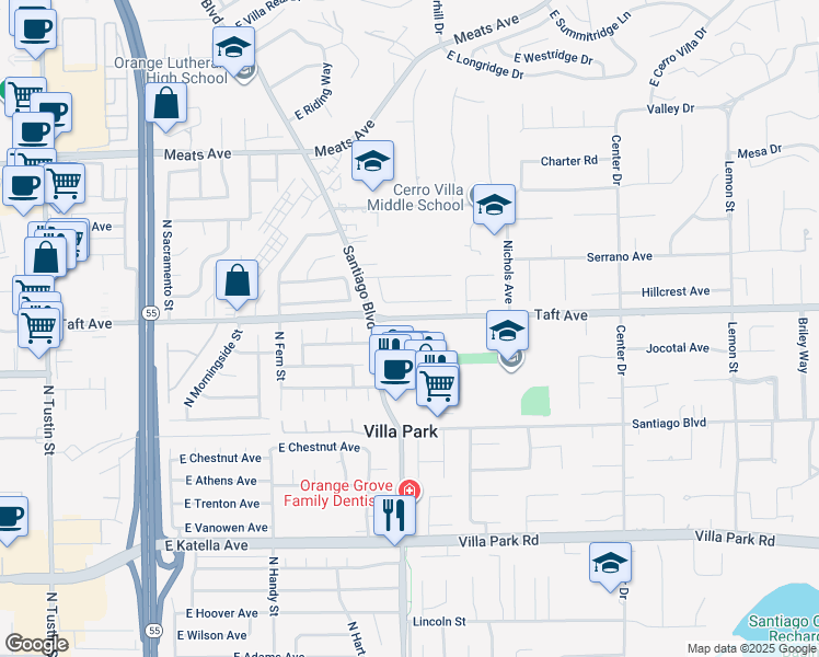 map of restaurants, bars, coffee shops, grocery stores, and more near 17801 Cardinal Circle in Villa Park