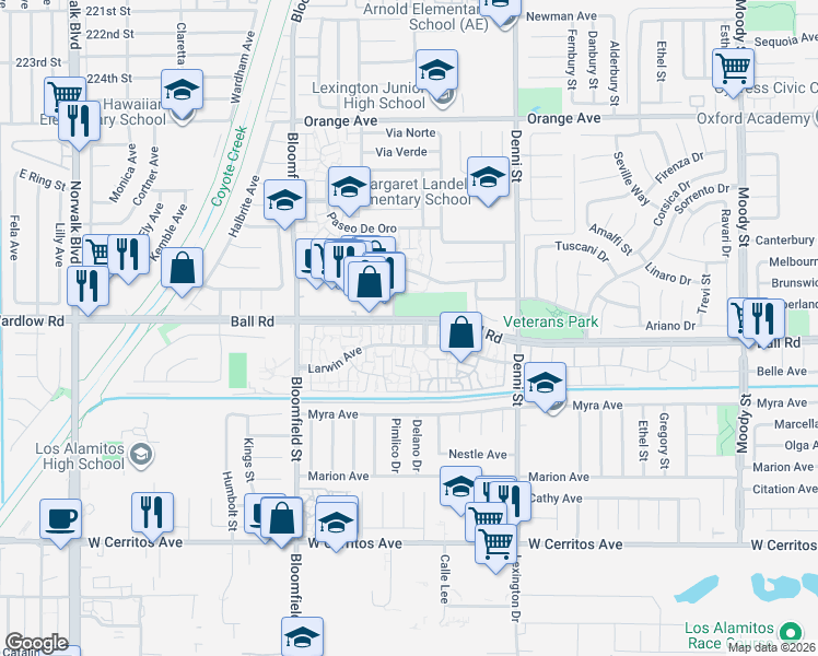 map of restaurants, bars, coffee shops, grocery stores, and more near 4235 Larwin Avenue in Cypress