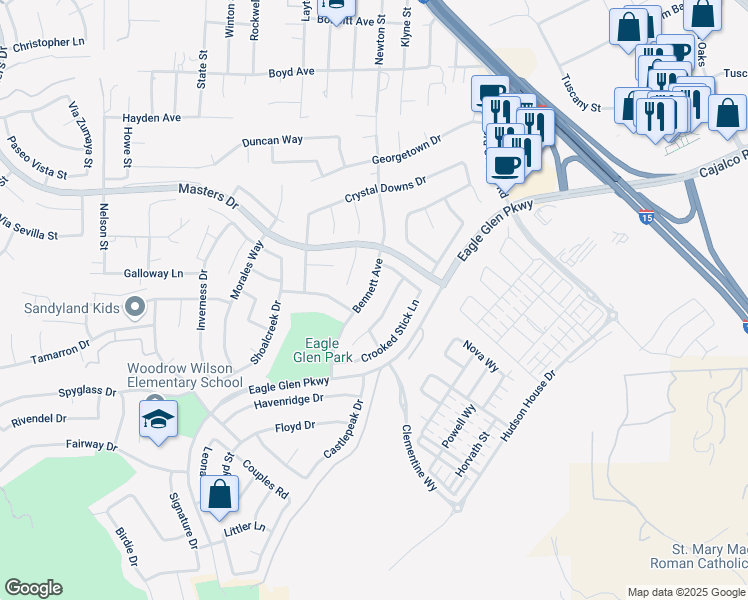 map of restaurants, bars, coffee shops, grocery stores, and more near 4127 Bennett Avenue in Corona