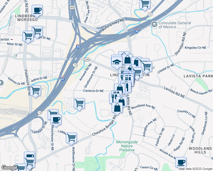 map of restaurants, bars, coffee shops, grocery stores, and more near 994 Cardova Drive Northeast in Atlanta