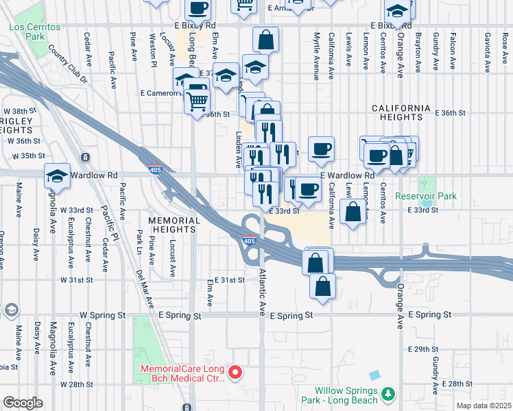 map of restaurants, bars, coffee shops, grocery stores, and more near 3302 Atlantic Avenue in Long Beach