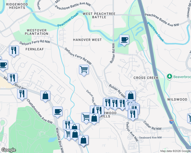 map of restaurants, bars, coffee shops, grocery stores, and more near 2280 Defoors Ferry Road Northwest in Atlanta