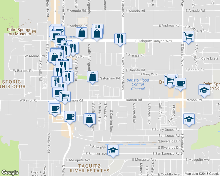 map of restaurants, bars, coffee shops, grocery stores, and more near 498 West Club Drive in Palm Springs
