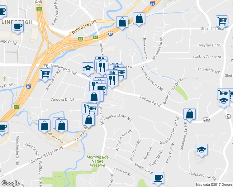 map of restaurants, bars, coffee shops, grocery stores, and more near 1197 Lavista Road Northeast in Atlanta