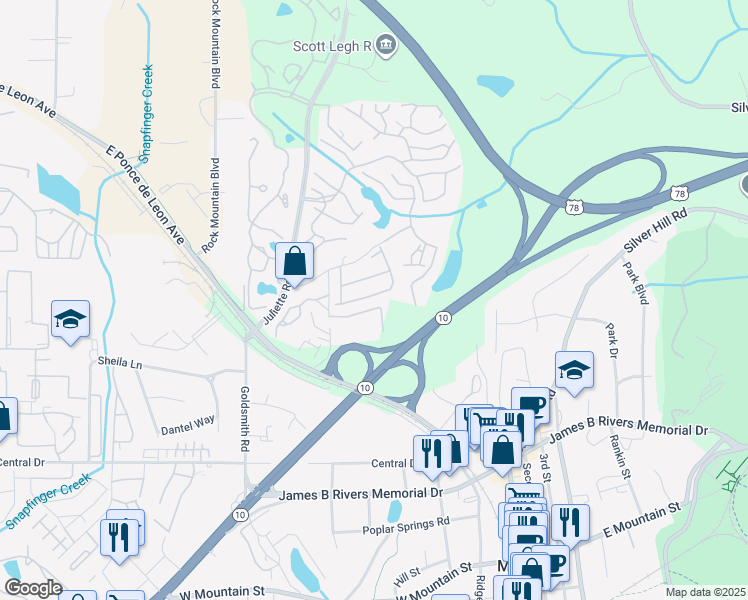 map of restaurants, bars, coffee shops, grocery stores, and more near 5141 Madeline Place in Stone Mountain