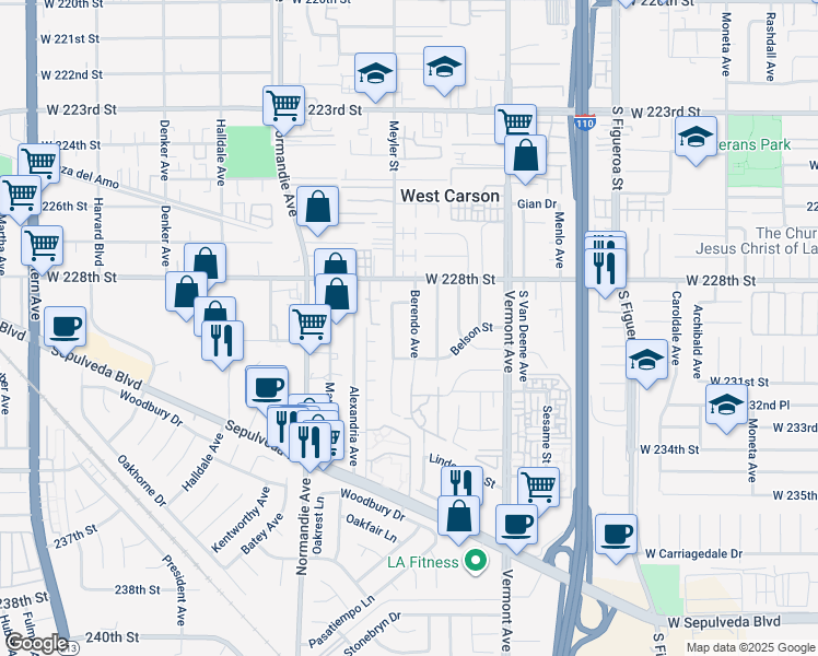 map of restaurants, bars, coffee shops, grocery stores, and more near 22929 Berendo Avenue in Torrance