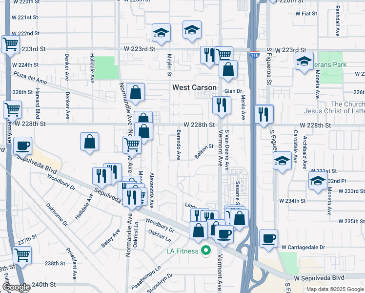 map of restaurants, bars, coffee shops, grocery stores, and more near 22928 Petroleum Avenue in Torrance