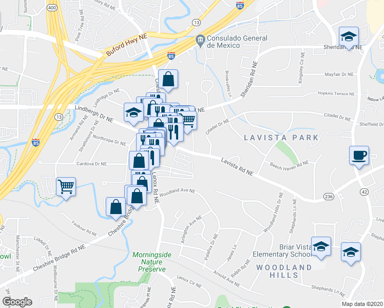 map of restaurants, bars, coffee shops, grocery stores, and more near 1227 Lavista Road Northeast in Atlanta