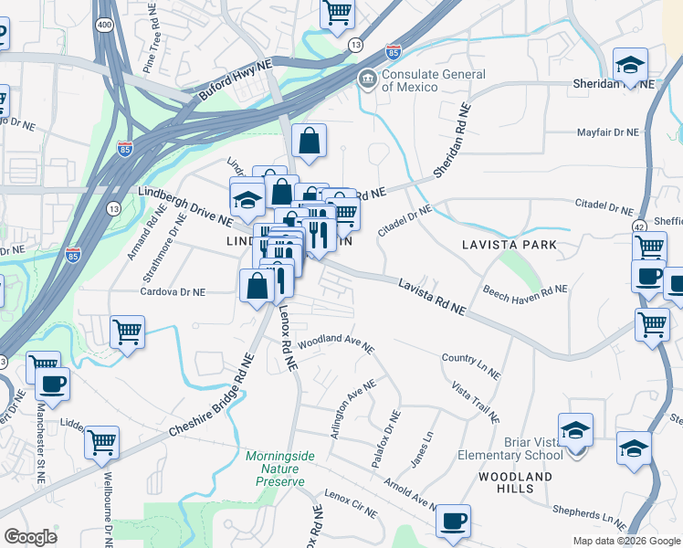 map of restaurants, bars, coffee shops, grocery stores, and more near 1209 Lavista Road Northeast in Atlanta