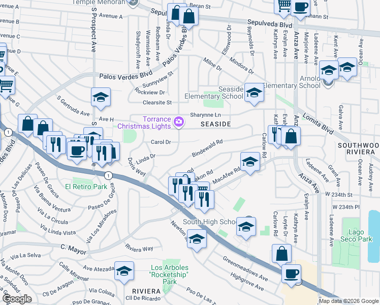 map of restaurants, bars, coffee shops, grocery stores, and more near 5249 Bindewald Road in Torrance
