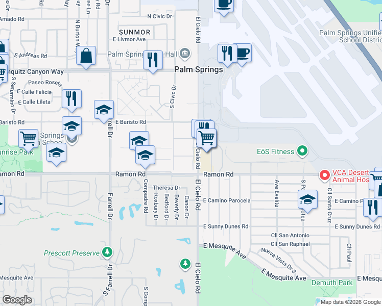 map of restaurants, bars, coffee shops, grocery stores, and more near 401 El Cielo Road in Palm Springs