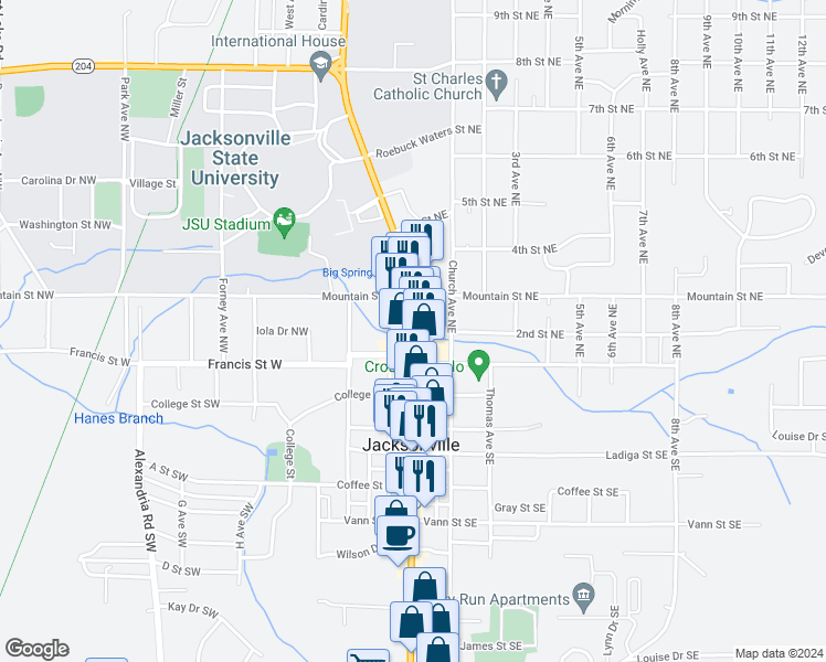 map of restaurants, bars, coffee shops, grocery stores, and more near 381 Alabama 21 in Jacksonville