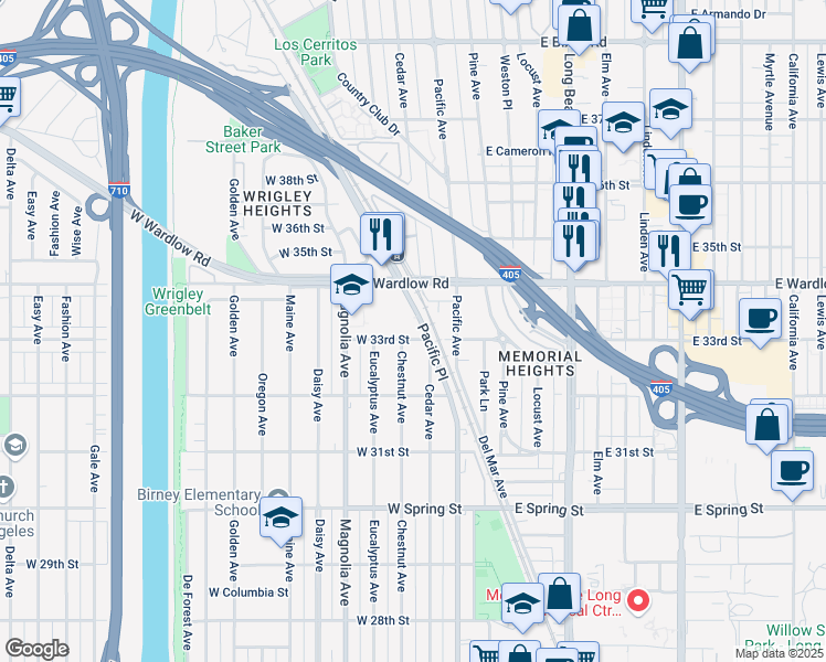 map of restaurants, bars, coffee shops, grocery stores, and more near 333 West 33rd Street in Long Beach