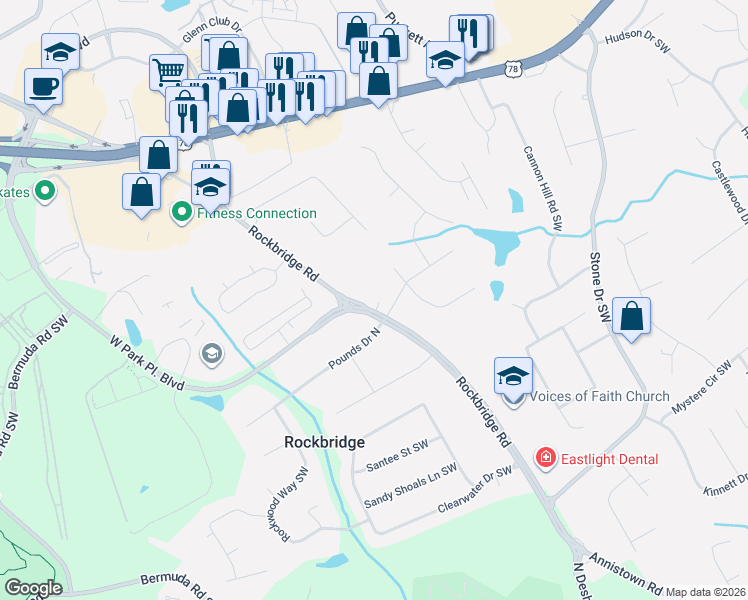 map of restaurants, bars, coffee shops, grocery stores, and more near 2296 Rockbridge Road Southwest in Stone Mountain
