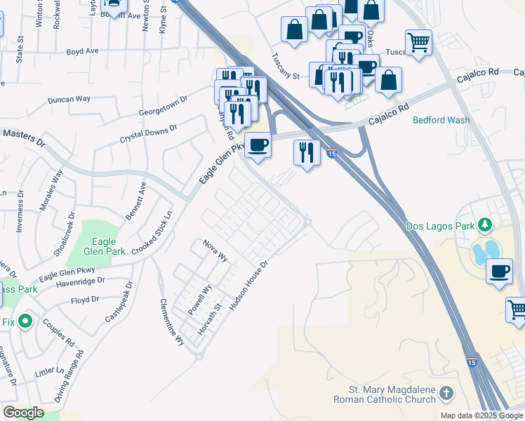 map of restaurants, bars, coffee shops, grocery stores, and more near 3962 Lavine Way in Corona
