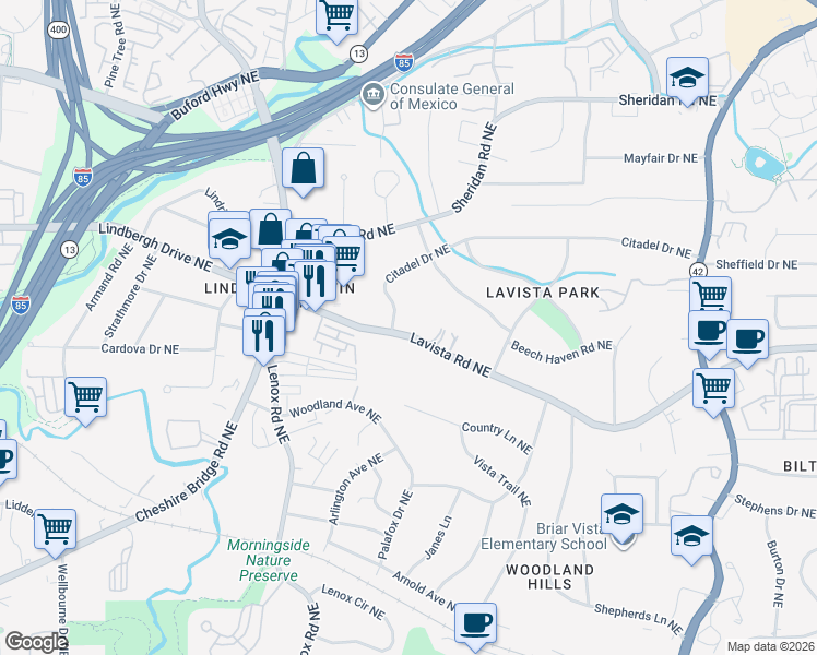 map of restaurants, bars, coffee shops, grocery stores, and more near 1314 Lavista Road Northeast in Atlanta