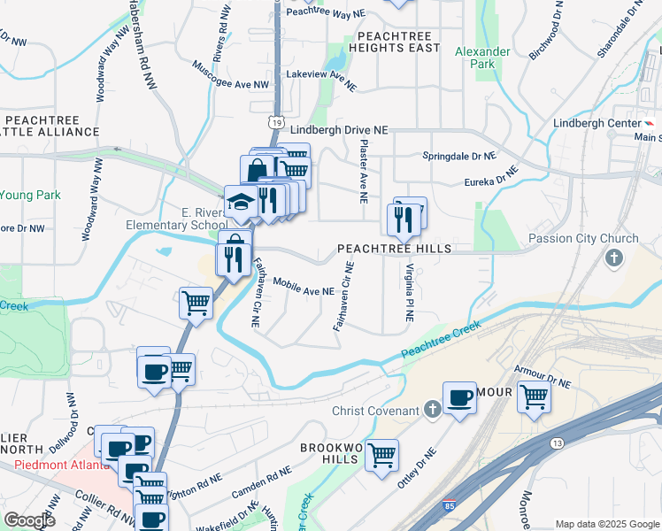 map of restaurants, bars, coffee shops, grocery stores, and more near 97 Peachtree Hills Avenue Northeast in Atlanta