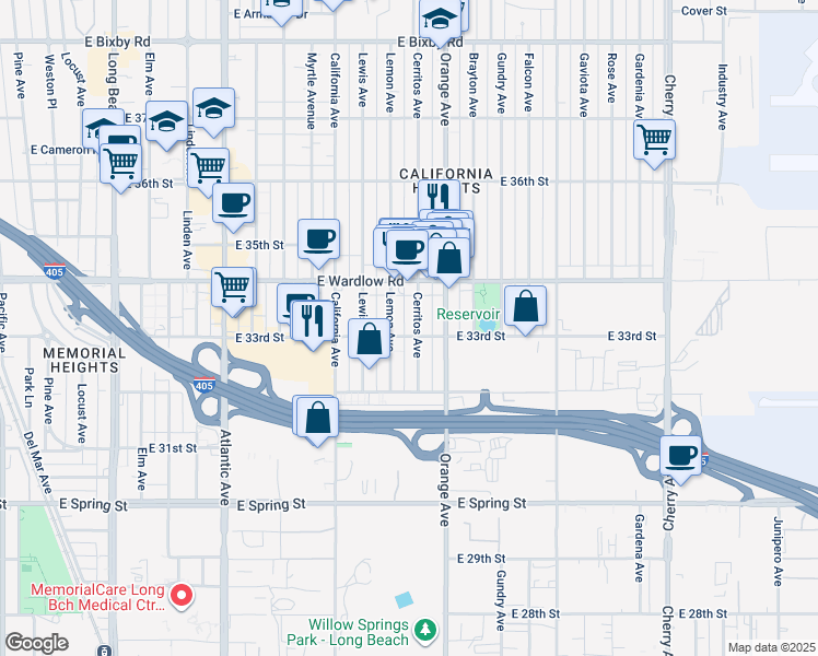 map of restaurants, bars, coffee shops, grocery stores, and more near 3309 Cerritos Avenue in Signal Hill
