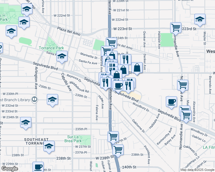 map of restaurants, bars, coffee shops, grocery stores, and more near 2848 Alberta Street in Torrance
