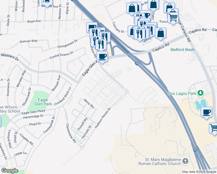map of restaurants, bars, coffee shops, grocery stores, and more near 3962 Lavine Way in Corona