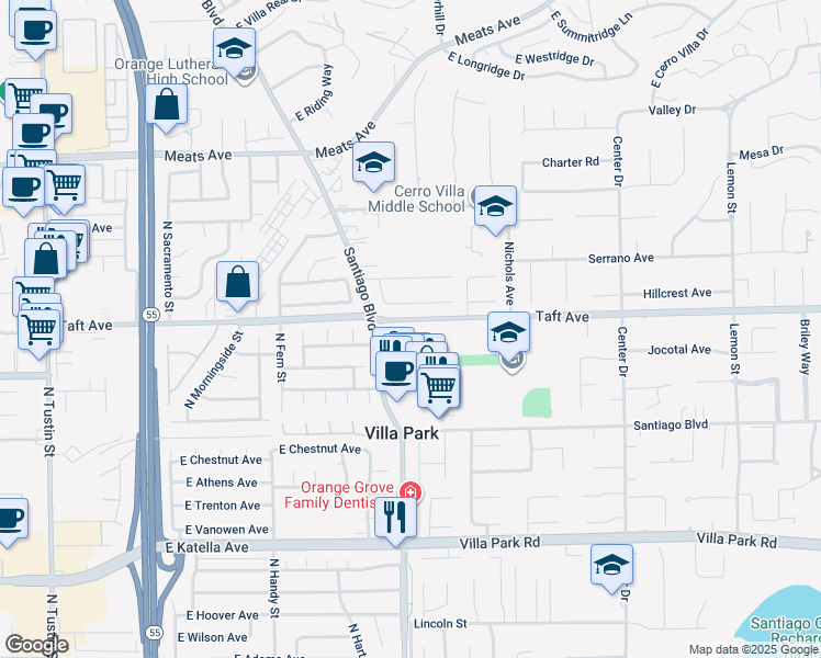 map of restaurants, bars, coffee shops, grocery stores, and more near 17801 Cardinal Circle in Villa Park