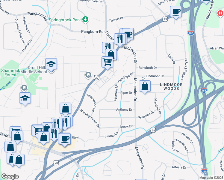 map of restaurants, bars, coffee shops, grocery stores, and more near 3079 Flamingo Drive in Decatur