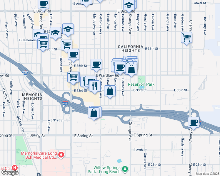 map of restaurants, bars, coffee shops, grocery stores, and more near 3310 Lewis Avenue in Signal Hill