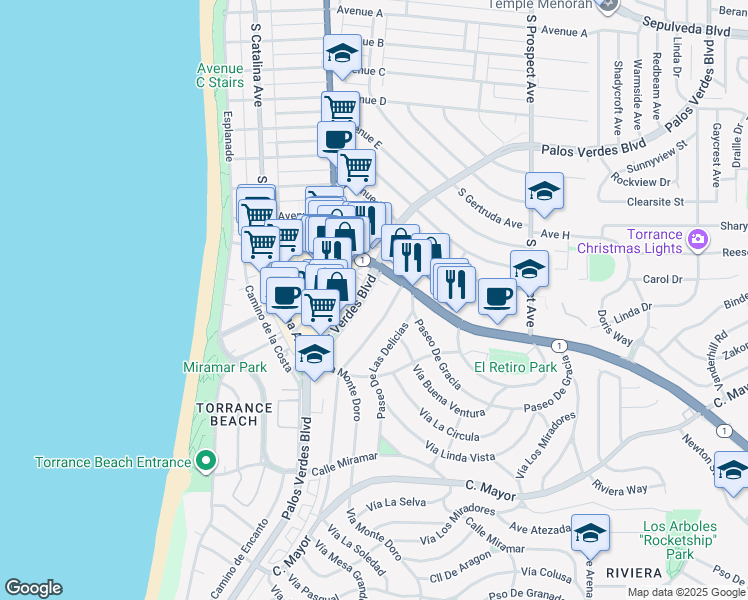map of restaurants, bars, coffee shops, grocery stores, and more near 120 Palos Verdes Boulevard in Redondo Beach