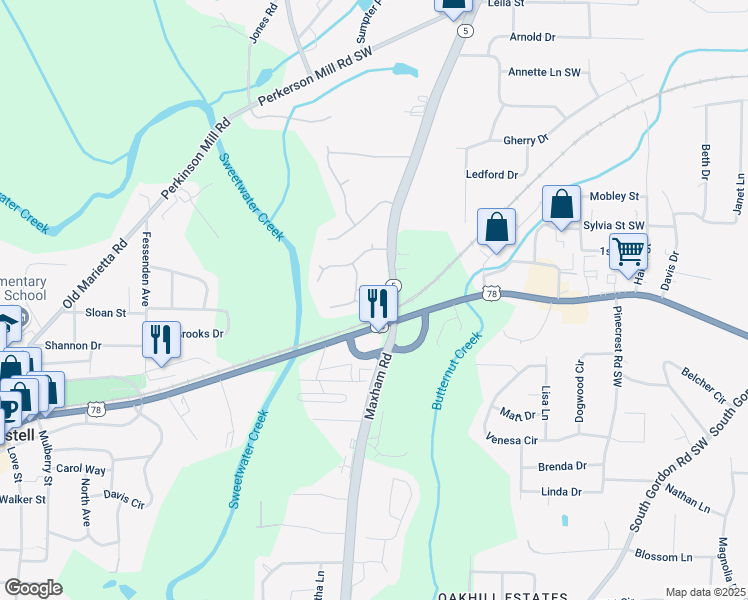 map of restaurants, bars, coffee shops, grocery stores, and more near 5030 Landover Way in Austell