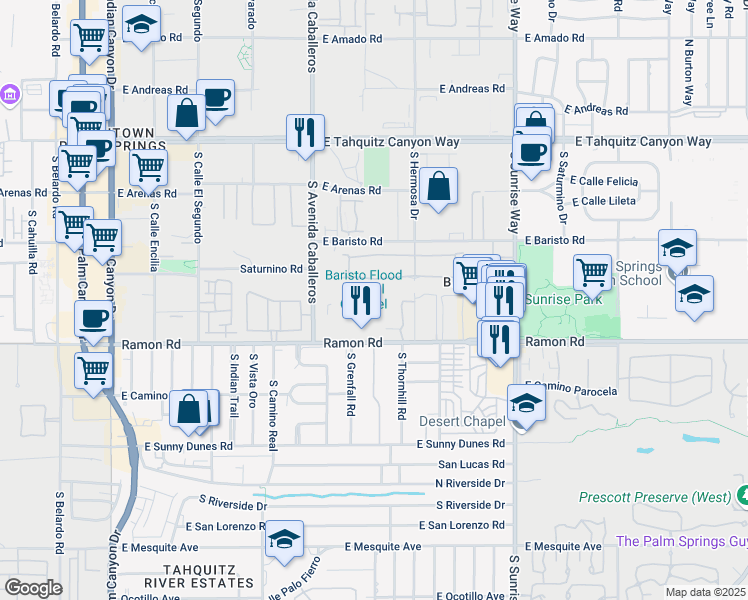 map of restaurants, bars, coffee shops, grocery stores, and more near 1135 Tiffany Circle South in Palm Springs