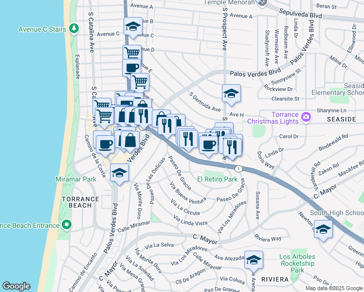 map of restaurants, bars, coffee shops, grocery stores, and more near 1800 Pacific Coast Highway in Redondo Beach
