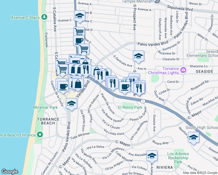 map of restaurants, bars, coffee shops, grocery stores, and more near 1800 East Pacific Coast Highway in Redondo Beach