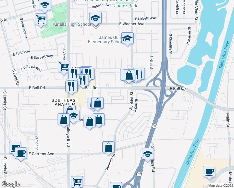 map of restaurants, bars, coffee shops, grocery stores, and more near 1202 South Athena Way in Anaheim