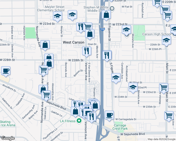 map of restaurants, bars, coffee shops, grocery stores, and more near 22855 South Van Deene Avenue in Torrance
